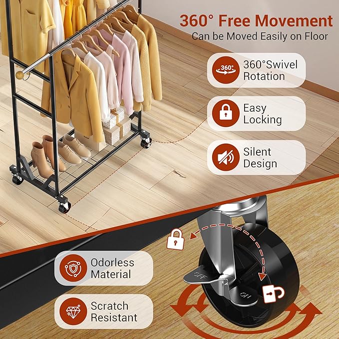 Rolling Garment Rack - Double Rod Clothes Rack with Lockable Casters, Mesh Storage Shelf & Anti-Slip Wooden Finials accented - Sleek Black Freestanding Closet Organizer for Coats, Dresses