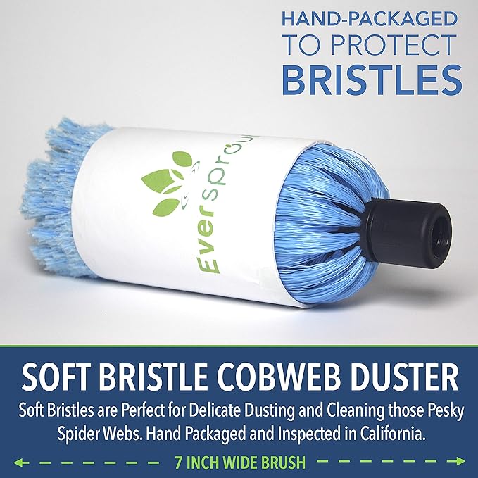 EVERSPROUT 1.5-to-3 Foot Cobweb Duster and Extension-Pole Combo (8-10 Ft Standing Reach, Soft Bristles) | Hand Packaged | Lightweight, 3-Stage Aluminum Pole | Indoor & Outdoor Use Brush Attachment