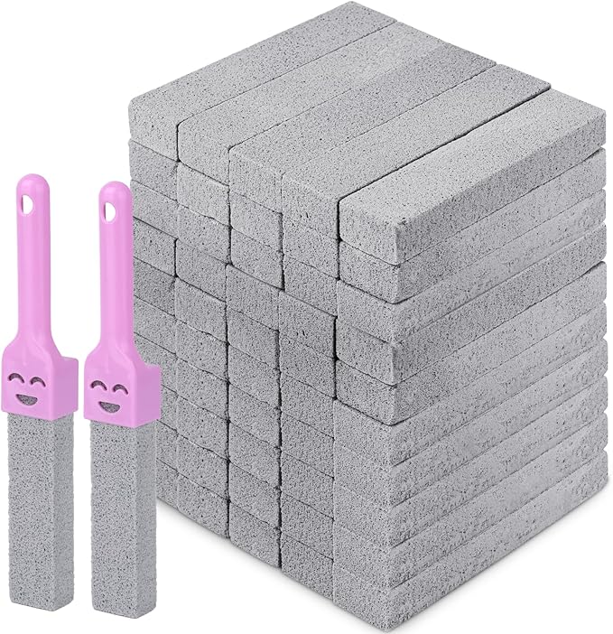 50 Pack Pumice Stones Bulk for Cleaning - Grey Pumice Scouring Pad with 2 Universal Handles, Pumice Stick Cleaner for Removing Toilet Bowl Ring, Bath, Household, Kitchen, Pool, 5.9 x 1.4 x 0.9 Inch
