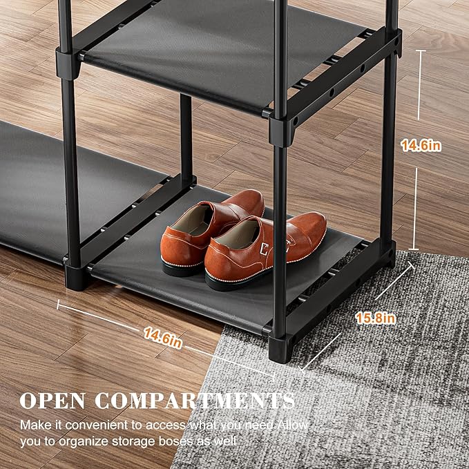 Neatrays Portable Closet, Freestanding Wardrobe Closet Organizers and Storage,Open Clothing Racks for Hanging Clothes with 4 Shelves and 2 Hanging Rods，47.8x15.8x63.4 Inches
