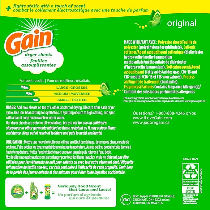 Gain Dryer Sheets Plus Wrinkle Release, Original Scent, 240 Count, Wrinkle Reducing Anti Static Laundry Sheet