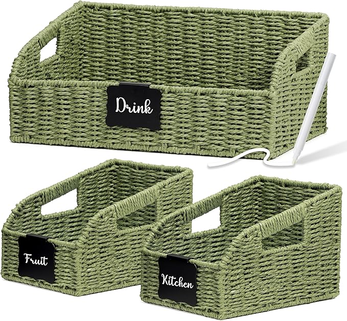 Wicker Baskets for Organizing,Pantry, Kitchen Counter with Handles, Handwoven Woven Storage Baskets for Fruit, Bread, Vegetable, Paper Storage Bins for Shelves, 3 Pack, Green