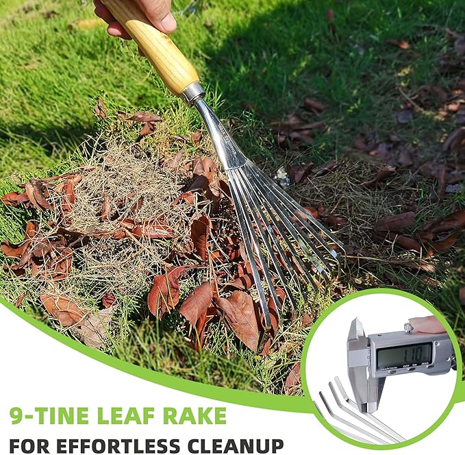Hand Rakes, Garden Stainless Steel Hand Rake Soil Tiller with Ergonomic Handle, Small Leaf Rakes Great for Gardening, Garden Sweep Yard Flower Beds Tool