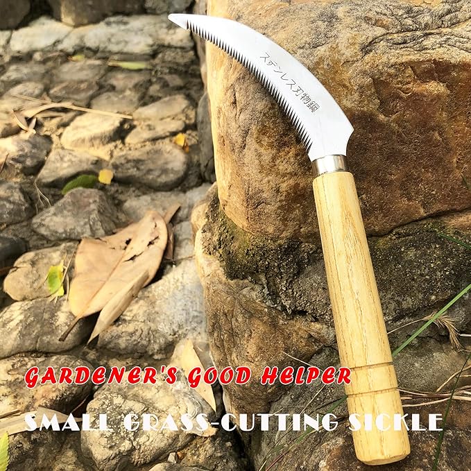 SHANFEEK Grass Sickle with Sawtooth Japanese Weeding Hoe Garden Hand Tool Weeding Tools for Garden High-Strength Steel with Solid Wood Handle (Brown)