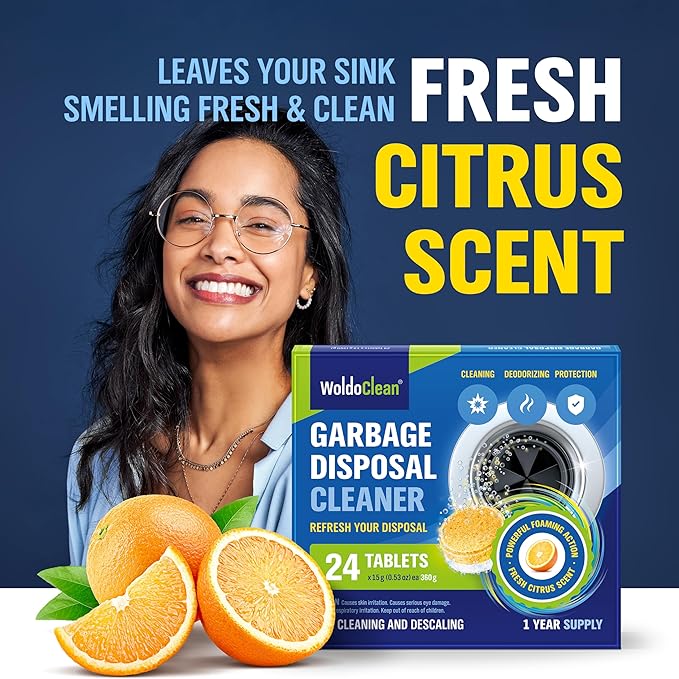 WoldoClean Garbage Disposal Cleaner and Deodorizer Tablets - 24 Pack, Foaming Sink Drain Cleaner & Odor Eliminator, Fresh Citrus Scent, 1 Year Kitchen Cleaning Supply