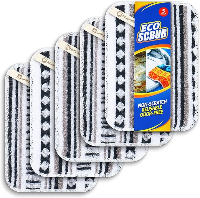 Amarelle GEN II Dish Washing Scrubbers (5-Pack), Made in Green Kitchen Scrubbers for Dishes, Non Scratch Pot & Pan Scrubber, Heavy Duty GOTS Organic Cotton Scouring Pads, Reusable (Metro Sketch)