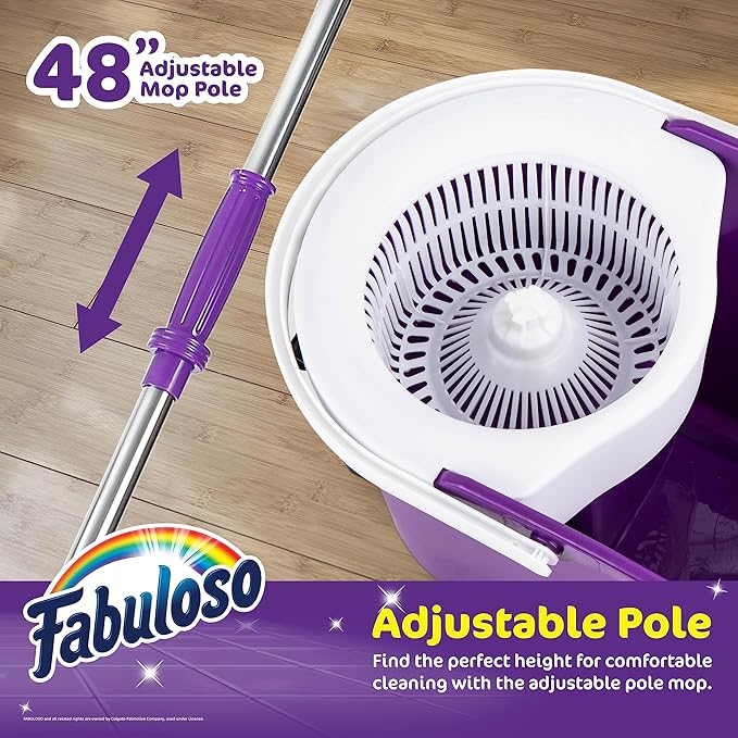 Fabuloso Spin Mop and Bucket, Hands-Free Wringing Spin Bucket - Machine Washable and Replaceable Microfiber Mop Head, Adjustable Pole Length - Clean Your Floors with Ease