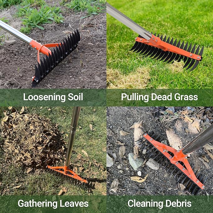 Thatch Rake for Lawns 18 Sharp Tempered Spring Steel Tines Dethatcher Rake Heavy Duty Dethatching Rakes with 62.5" Adjustable Stainless Steel Handle for Lawn Care，Dead Grass, Garden, Yard