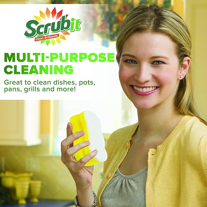 Scrub Sponge by Scrubit –Multipurpose Cellulose Cleaning Sponges with Non Scratch Scouring Pad for Dishes, Pots, Pans, Glass Cooktop - Super Absorbent - Unique Shape to Protect Nails: 12 Pack