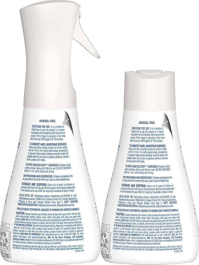 Clorox Disinfecting Mist, Eucalyptus Peppermint, Household Essentials, 1 Spray and 1 Refill, 16 oz Each