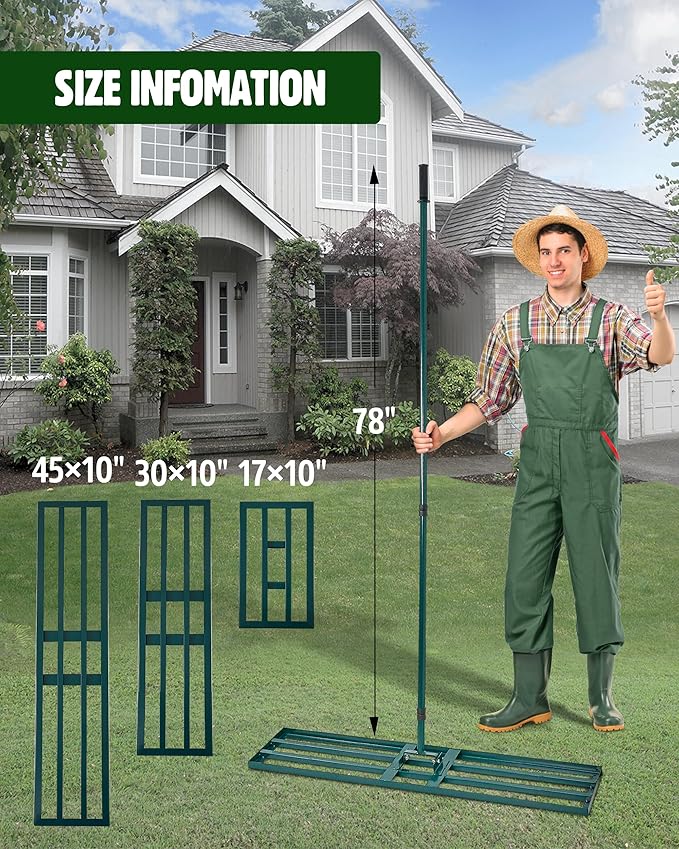 Lawn Leveling Rake,Stainless Steel Lawn Leveler with 45”x10” Ground Plate, 78” Adjustable Long Handle, Heavy Duty Large Level Yard Tool for Grass, Golf Field, Level Soil or Dirt Ground Surfaces-Green