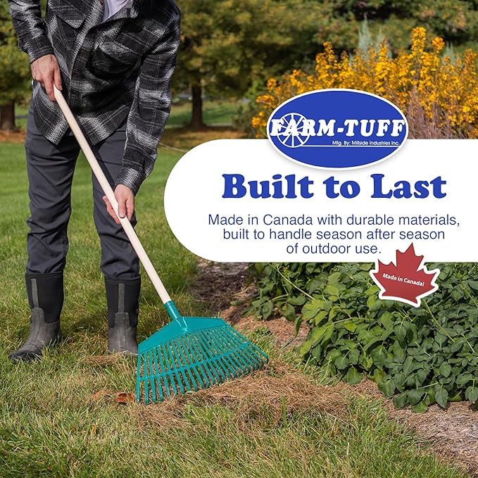 FARM-TUFF 19 Inch Leaf & Garden Rake with 48 Inch Hardwood Handle – Wide, Durable Rake for Lawns, Flower Beds, and Yard Cleanup