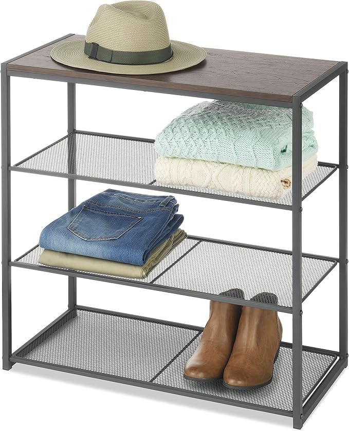 Whitmor Wood & Metal 4 Tier Shelf, Dark Walnut Top & Metal Mesh Shelves, 11.8"L x 24.8"W x 25"H, Freestanding