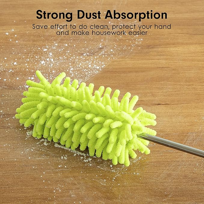 Microfiber Duster for Cleaning, Tukuos Hand Washable Dusters with 2pcs Replace Microfiber Head, Extendable Pole, Detachable Cleaning Brush Tool for Office, Car, Window, Furniture, Ceiling Fan Green