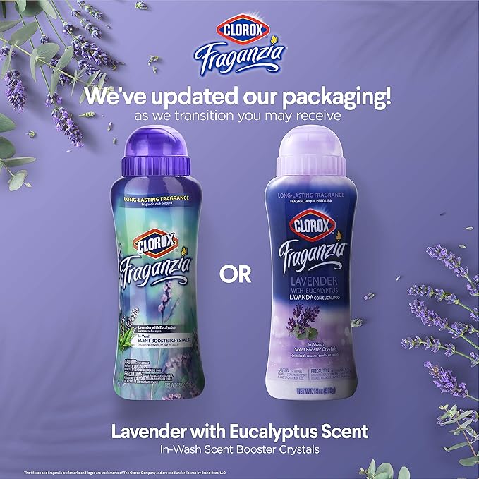 Clorox Fraganzia Laundry Scent Booster Crystals, In-Wash Fragrance Beads for Fresh-Smelling Clothes & Linens, Safe for All Fabrics & Colors, Lavender with Eucalyptus, 18 Oz, 2 Pack