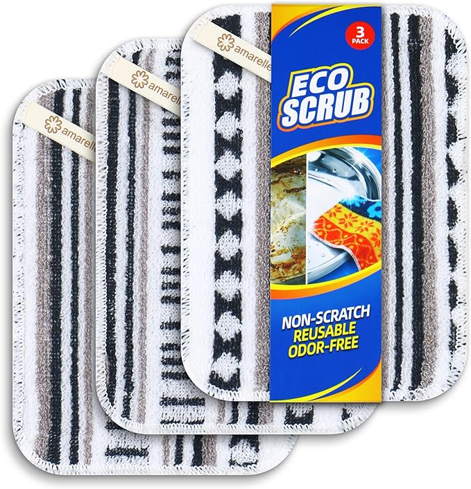 Amarelle GEN II Dish Washing Scrubbers (3-Pack), Made in Green Kitchen Scrubbers for Dishes, Non Scratch Pot & Pan Scrubber, Heavy Duty GOTS Organic Cotton Scouring Pads, Reusable (Metro Sketch)