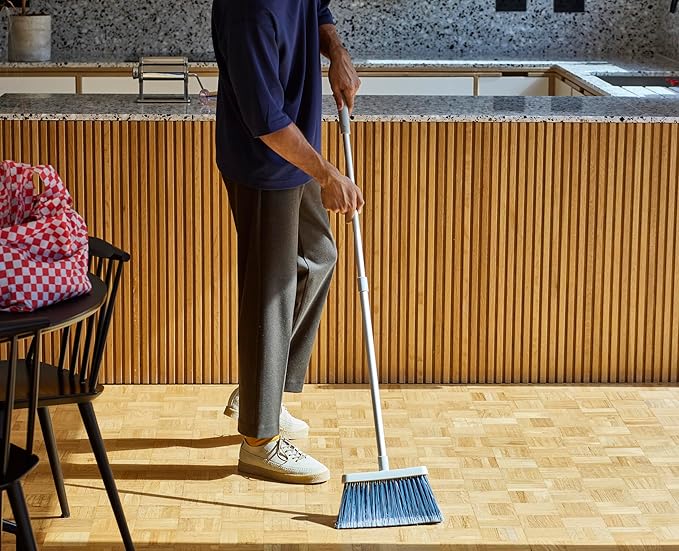 Joseph Joseph CleanTech Wall-Mounted, Adjustable Long Handle Broom Sweeper with Dust-Shield Storage, Indoor Sweeping Floor Brush with Soft Bristles