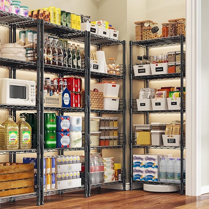5 Tier Metal Shelving Unit Pantry Storage Shelves with Side Blockers Adjustable Metal Wire Shelf with Hooks & Shelf Linker Standing Storage Rack for Kitchen Pantry Bathroom Closet,13.8"Dx21.7"Wx59.1"H