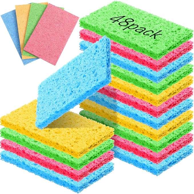 Zhengmy 48 Pieces Sponges Bulk Sponges Kitchen Compressed Sponge Natural Dish Sponge Compressed Wood Pulp Cleaning Without Scratching for Kitchen Bathroom, 3.9 x 2.4 x 0.12 Inch (Multicolor)