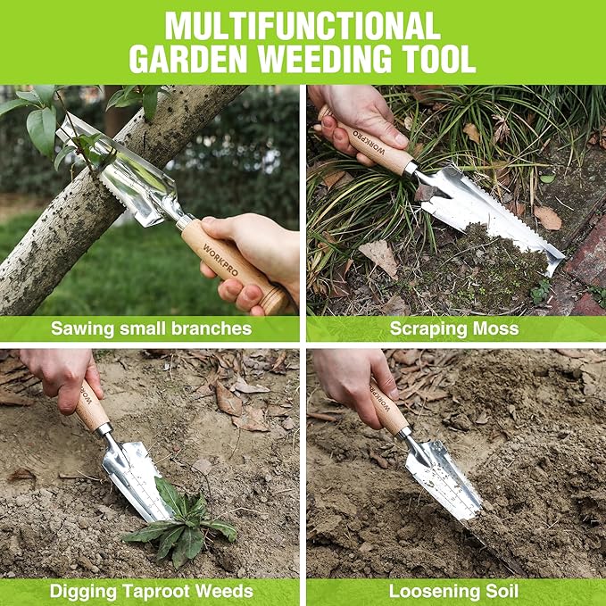 WORKPRO Garden Trowel with Wood Handle, Stainless Steel Narrow Hand Shovel, Multi- Use Flat Garden Trowel for Planting, Weeding, Transplanting, Digging, Small Weeding Knife for Gardening