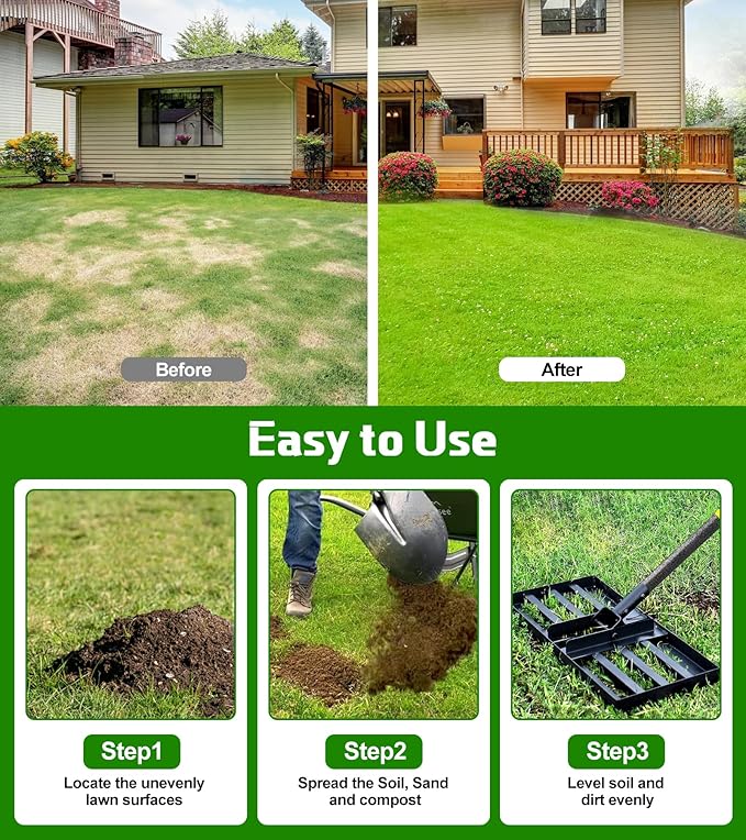 Lawn Leveling Rake 17x10 Inch , Heavy-Duty Yard Leveling Rake 6.2FT Leveler Tool for Soil, Sand & Topsoil, Backyard, Garden, Golf Course