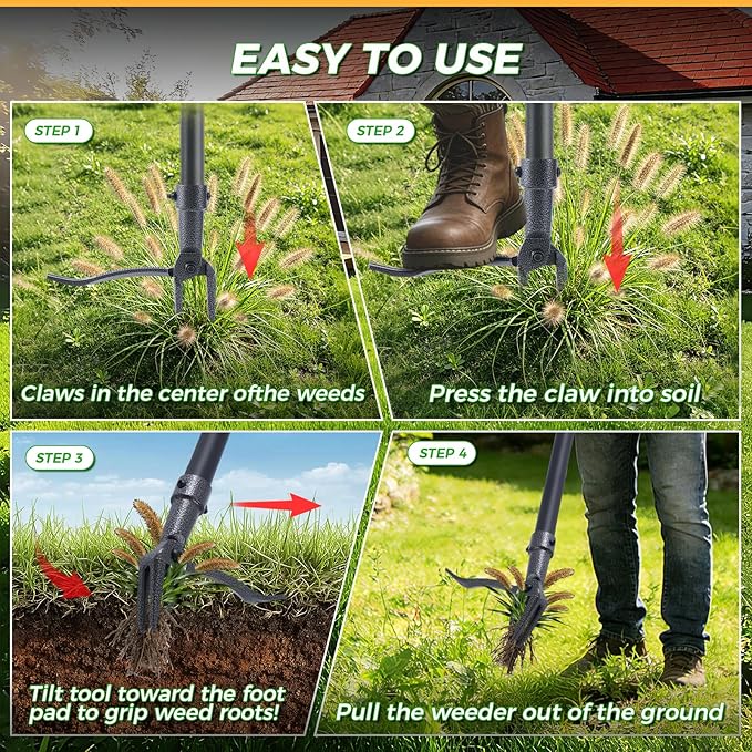 Weed Puller, Stand Up Weed Puller Tool with Steel Long Handle & 4-Claw Steel Head, 46" Adjustable Handle Weeder Tool, Easily Remove Weeds Root Without Bending, Pulling, or Kneeling