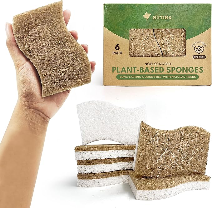 Natural Kitchen Sponges (6 Pack) - Biodegradable Cellulose & Coconut Scrubber Dish Sponges for Kitchen - Eco-Friendly, Non Scratch, Compostable, Non Toxic S-Shaped Natural Sponges for Dishes