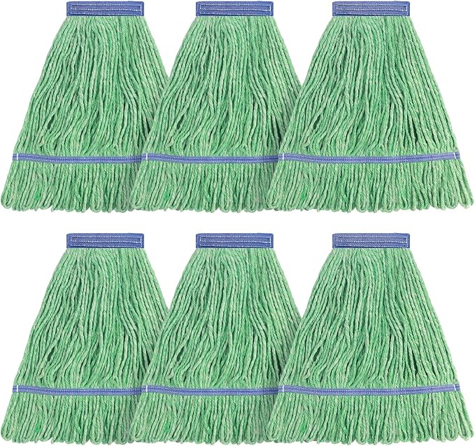 Matthew Cleaning Heavy Duty Mop Head Commercial Replacement for General and Floor Cleaning , Wet Industrial Blue Cotton Looped End String Head Refill (Pack of 6) Green