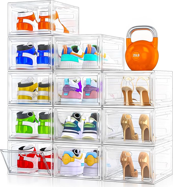12 Pack Clear Shoe Storage Organizer with Magnetic Door,Stackable Plastic Shoe Boxes for Sneakers,Boots,and Heels,Space-Saving Foldable Shoe Rack for Closet,Durable Shoe Cabinet Organizer,White
