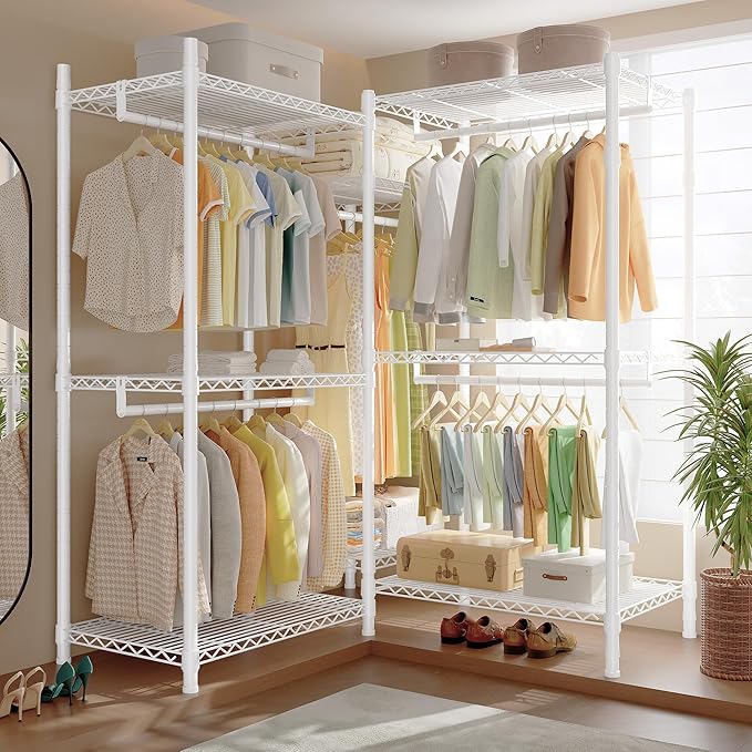 Raybee Clothes Rack with Cover,Clothing Racks for Hanging Clothes Heavy Duty,Portable Closet with Shelves,Adjustable,Loads 905 LBS,White,75" W*17.8" D*77" H