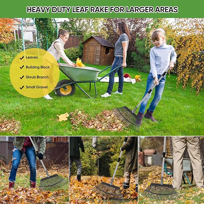 Rake Heavy Duty 6FT Long Garden Rake , 18.5 Inch Wide Leaf Rake for Lawns, 25 Metal Tines, Adjustable Stainless Steel Handle, Rakes for Leaves, Yards, Grass, Garbage, Weeds, Debris (Black)