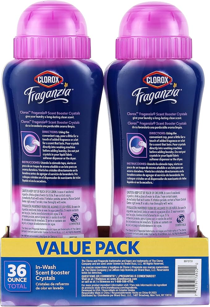 Clorox Fraganzia Laundry Scent Booster Crystals, In-Wash Fragrance Beads for Fresh-Smelling Clothes & Linens, Safe for All Fabrics & Colors, Easy-Pour Bottle, Spring Scent, 18 Oz, 2 Pack