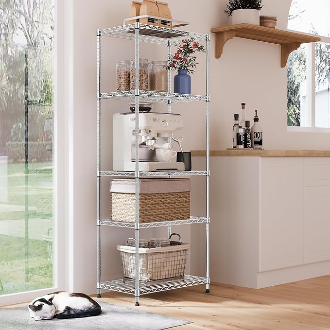 IZEUK 5-Tier Chrome Metal Storage Shelves, Adjustable Wire Shelving Unit for Kitchen, Bathroom, Pantry, Office, Garage, Organizer Wire Rack, 1250 lbs, 13.7" D x 23.6" W x 63" H
