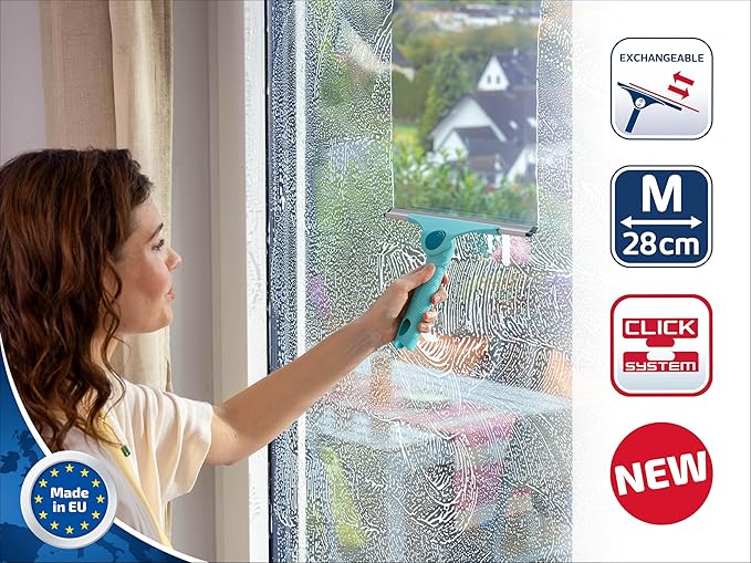 Leifheit 2-in-1 M Pro Reach Window Squeegee with 28 cm Wiping Width, Adjustable Cleaning Angle, Click System Compatibility, Ergonomic Grip for Streak-Free Cleaning on Windows, Showers, Mirrors