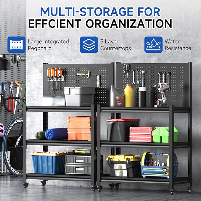 48" Adjustable Workbench with Pegboard,Heavy Duty Steel Work Bench with Lockable Wheels,Metal Rolling Work Table,3-Tier Metal Tool Storage Bench for Garage,Warehouse,Workshop, Home,Basement