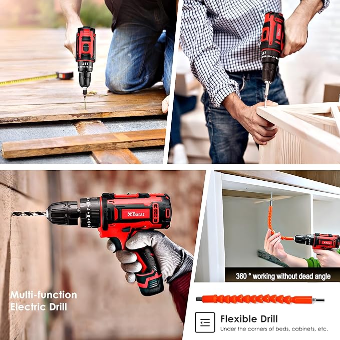Baraz Tool Kit set With Drill (2 Battery), 126 Pcs Power Tool Set for home, 18v Cordless Drill And Tool box For Household, Homeowners, Office, Garden, House Repair And Maintenance, perfect Gift Idea