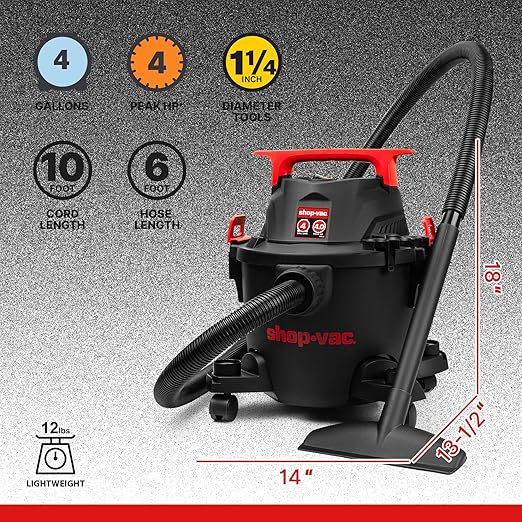 Shop-Vac 5430112 Wet/Dry Vacuum, 4 Gallon, 4 Peak HP, 1-1/4 Inch Diameter x 6 Foot Hose, 10 Foot Cord, Ideal for Jobsite, Garage, Workshop & Home