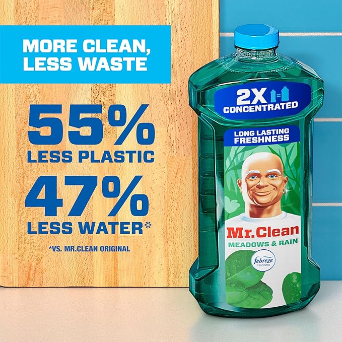 Mr. Clean All Purpose Cleaner, Floor Cleaner for Mopping Home, Bathroom, & Kitchen, Cleaning Liquid for Mop & Bucket, Cleaning Supplies, Dilutable, Meadows & Rain, 41oz (Pack of 4)