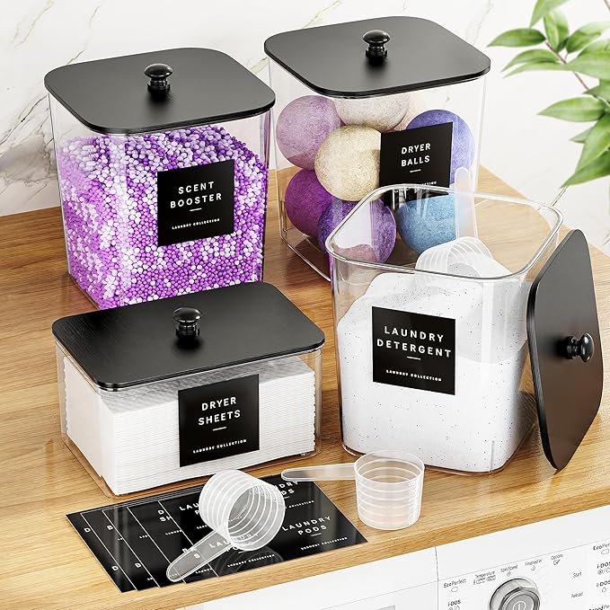 4 Pack Laundry Pods Container, Clear Laundry Room Organization Containers,Large Laundry Detergent Powder Storage Containers Black Wooden Lids & Labels, Acrylic Laundry Pods Holder for Scent Booster