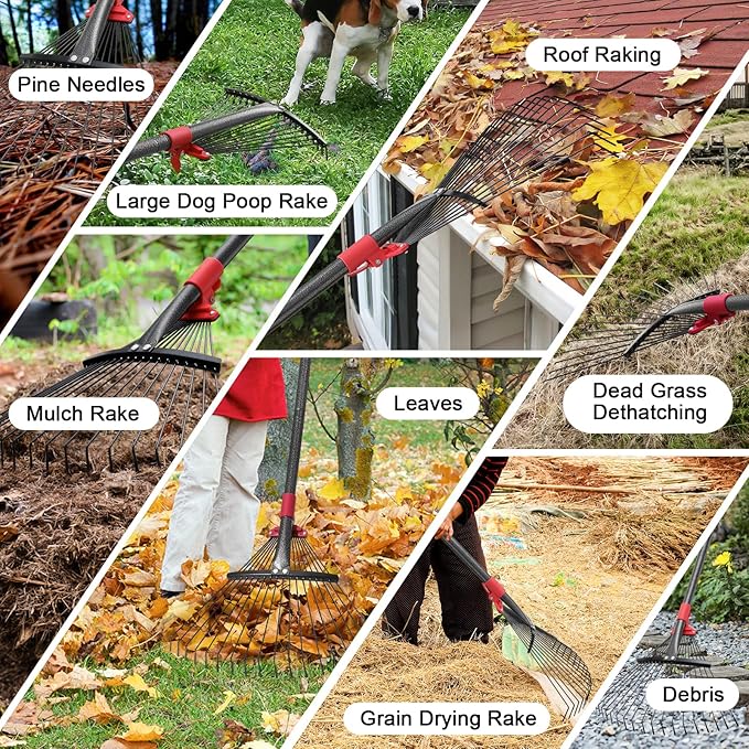 Collapsible Rake for Leaves - 70" Adjustable Long Handle Yard Rake, Expandable Metal Steel Head (8”-17”), Garden Leaf Rakes for Gardening Beds, Lawn,Narrow Shrub,Pine Needle,Outdoor Camping
