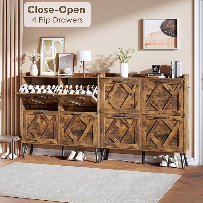 Nicetree Shoe Cabinet with 4 Flip Drawers, Freestanding Shoe Storage Cabinet with Metal Legs, Farmhouse Narrow Shoe Rack Cabinet for Entryway, Foyer, Hallway, Rustic Brown