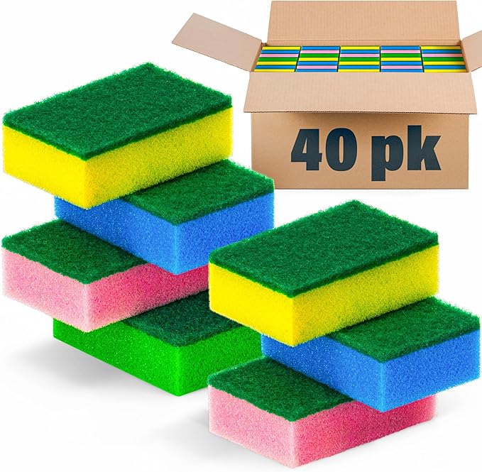 DecorRack 40 Pack Kitchen Sponges, Heavy Duty, Non-Scratch Cleaning Scrub Sponges for Dishes, Cleaning Household, Bathroom, Car Wash - Multicolor (Pack of 40)
