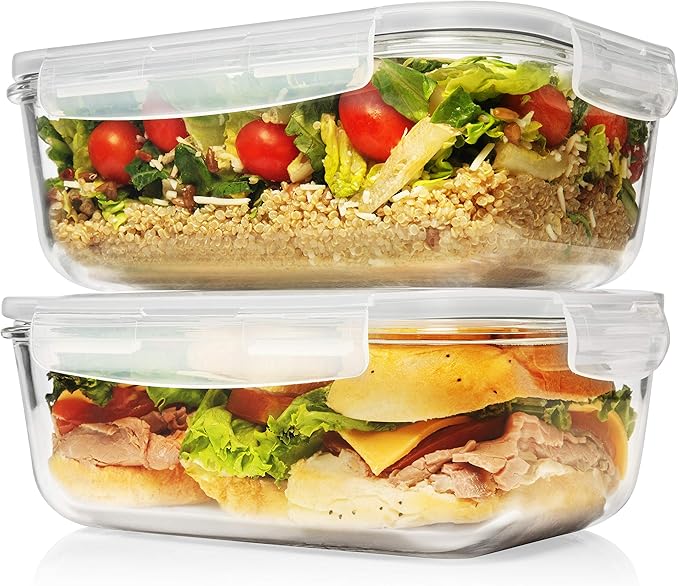 8 Cups/ 63 Oz 4 Piece (2 containers + 2 Lids) Large Glass Food Storage/ Baking Containers with Locking Lids . Ideal for Storing food, vegetables or fruits. BPA Free & Leak Proof -Microwave, Oven Safe