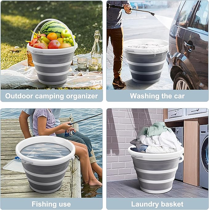 Goderewlid Collapsible Bucket 2.6 Gal/10L, Space-Saving, Portable Foldable Water Pail for Versatile Use, Home, Outdoors, Car Wash, Camping, Fishing - Grey, Single Pack