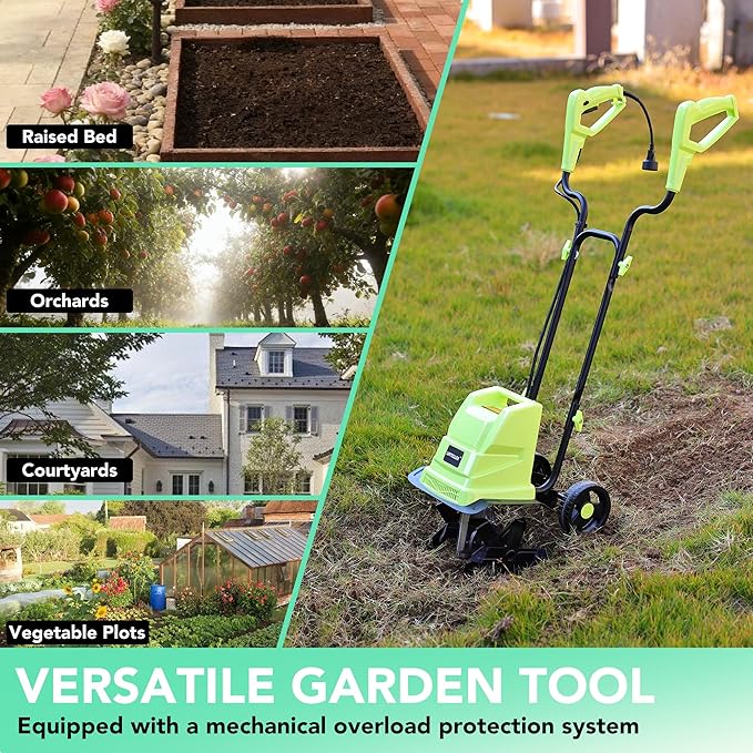 12 Inch Small Electric Corded Garden Tiller Cultivator 15 AMP Power Rototiller for Gardening with Adjustable Wheels