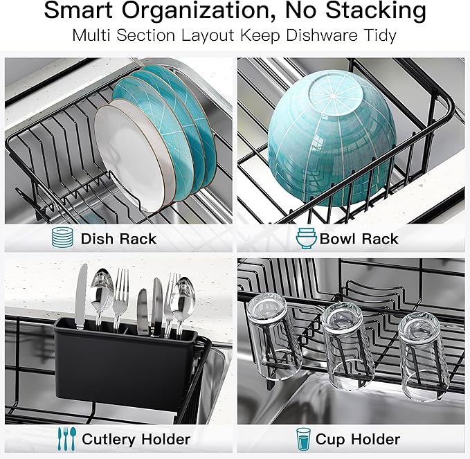 Dish Drying Rack Over the Sink In Stainless Steel Black Expandable Drainer for Small Kitchen, Counter Space Saving Compact Inside Sink Plate Dryer, Adjustable Hanging Metal Wire Strainer Drain Holder