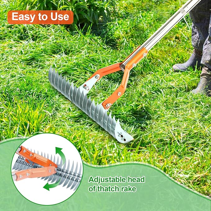 Thatch Rake, 15 Inch Lawn Thatching Rake, Heavy-Duty Dethatcher Rake with Gloves, 64 Inch Versatile Grass Grooming Rake for Withered Grass Cleaning Yard Garden Soil Rake