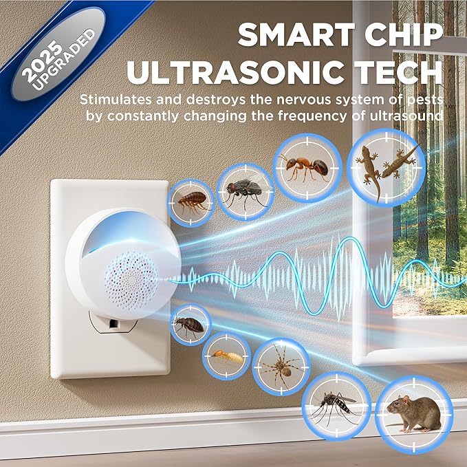 [2025 Upgraded] Ultrasonic Insect & Pest Indoor Repeller, Plug-in Control Electronic Repellent for Roach, Rodent, Mouse, Bugs, Mosquito, Spider, Mice, Ant, Home, Kitchen, Garage (6 Pack)