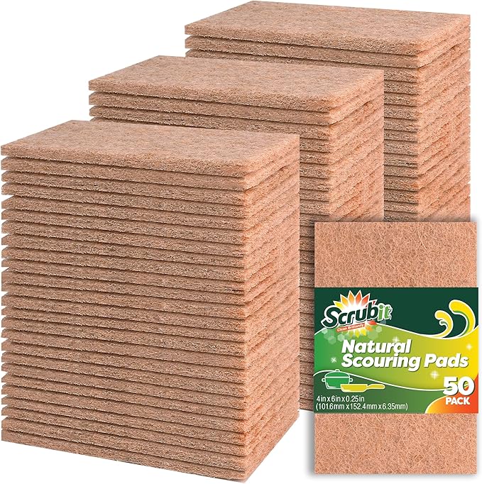 SCRUBIT 50 Pack Natural Scouring Pads - Heavy Duty Scrubbing Pads for Dishes - Non-Scratch - Reusable - Natural, Eco-Friendly, Biodegradable Sisal Brown Sponges for Dishes, Compostable