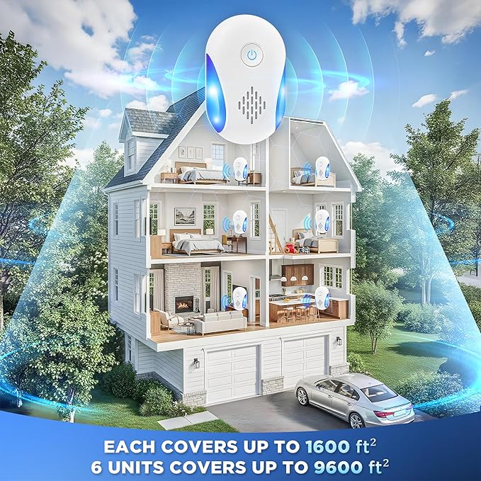 [2025 Upgraded] Ultrasonic Insect & Pest Indoor Repeller, Electronic Plug-in Control Repellent for Roach, Mouse, Rodent, Bugs, Mosquito, Mice, Ant, Spider, 2 Mode Switching (6 Pack)